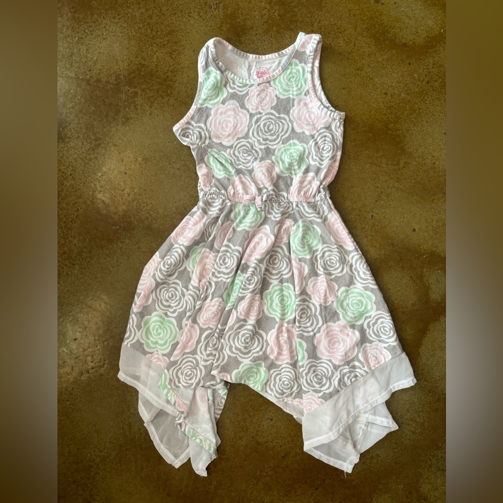 Girls 7/8 Easter Spring Floral Sleeveless Dress with Asymmetrical Hem